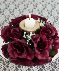 Silkflowersfactory Rose Candle Rings Silk Rose Candle Ring Artificial Flowers - Burgundy - 4 Pcs