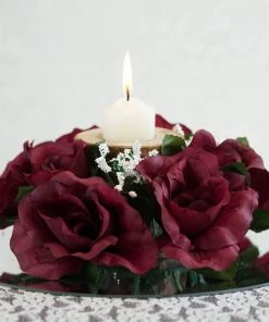 Silkflowersfactory Rose Candle Rings Silk Rose Candle Ring Artificial Flowers - Burgundy - 4 Pcs