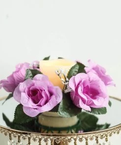 HIER_1600 4 Pack Lavender Artificial Silk Rose Floral Candle Rings Rose Candle Rings
