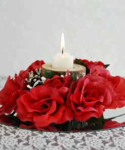 Silkflowersfactory Rose Candle Rings Silk Rose Candle Ring Artificial Flowers - Red - 4 Pcs