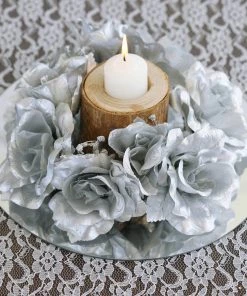 Silkflowersfactory Rose Candle Rings Silk Rose Candle Ring Artificial Flowers - Silver - 4 Pcs