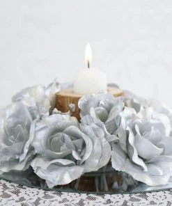 Silkflowersfactory Rose Candle Rings Silk Rose Candle Ring Artificial Flowers - Silver - 4 Pcs
