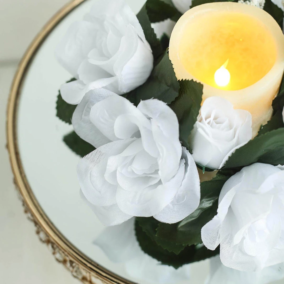 HIER_1600 4 Pack White Artificial Silk Rose Floral Candle Rings 11 HIER_1600 4 Pack White Artificial Silk Rose Floral Candle Rings