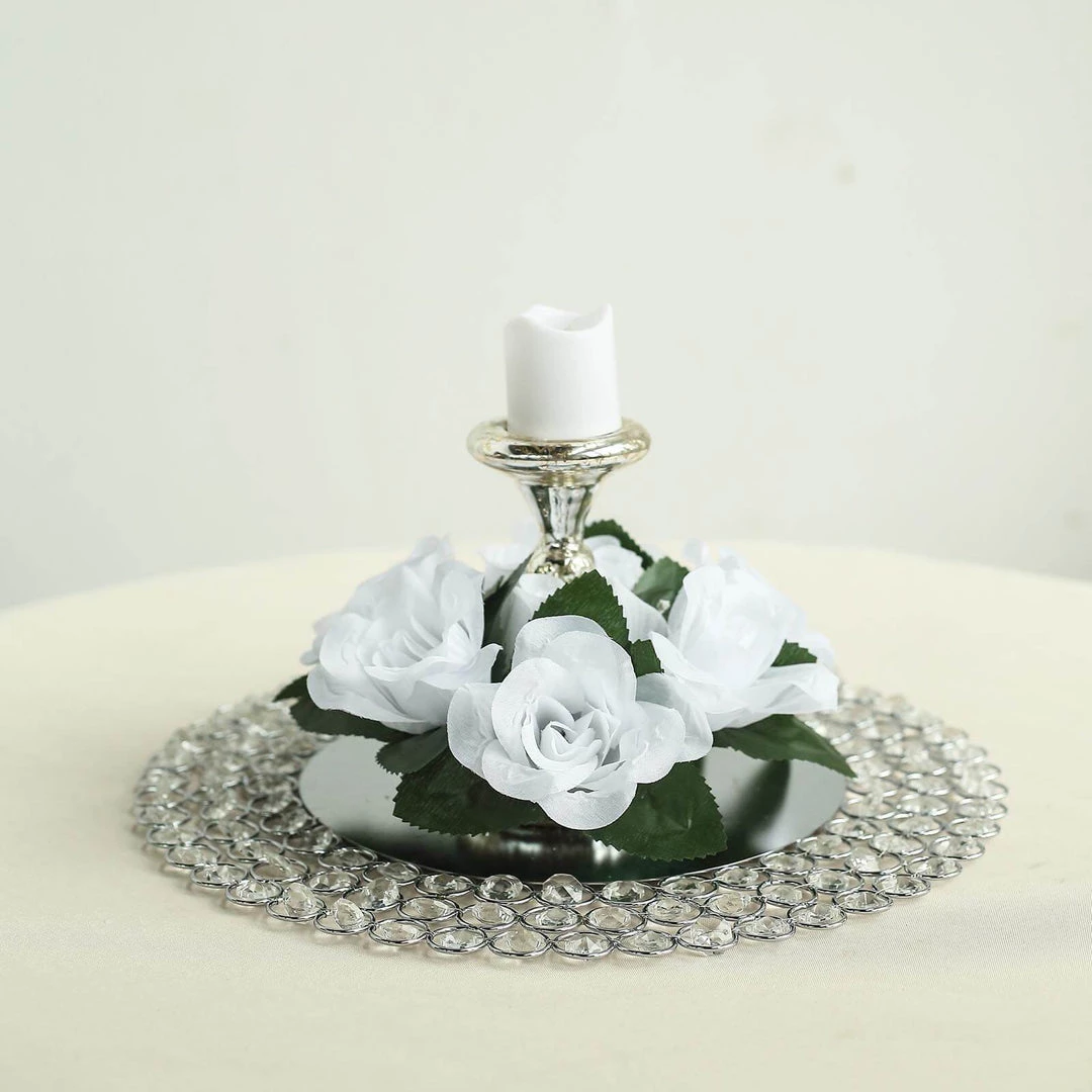 HIER_1600 4 Pack White Artificial Silk Rose Floral Candle Rings 12 HIER_1600 4 Pack White Artificial Silk Rose Floral Candle Rings