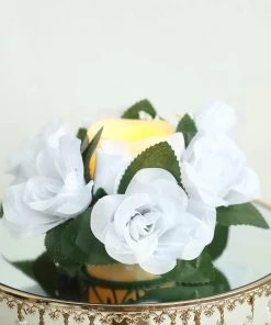 HIER_1600 4 Pack White Artificial Silk Rose Floral Candle Rings