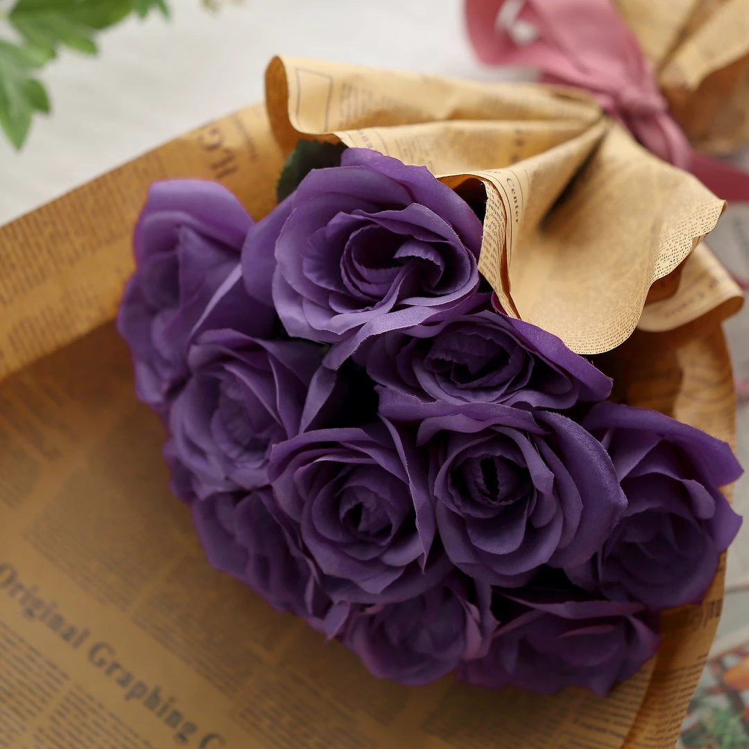 Silkflowersfactory Bouquets Velvet Rose Bouquet Artificial Flowers- Purple 10 Silkflowersfactory Bouquets Velvet Rose Bouquet Artificial Flowers- Purple
