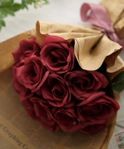 Silkflowersfactory Velvet Rose Bouquet Artificial Flowers- Red