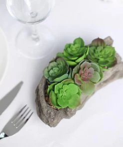 HIER_1710 7" Long - Succulent Planter With 5 Artificial Succulents - Hen And Chicks Artificial Plants