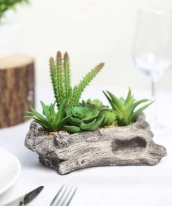 HIER_1710 6" Long - Succulent Planter With 15 Artificial Succulents - Artificial Plants