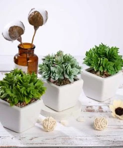 Silkflowersfactory Succulents Set Of 3 | 4'' Assorted Green Echeveria Artificial Plants With Pots