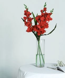 HIER_1150 3 Bushes | 36" Red Artificial Silk Long Stem Gladiolus Flower Spray - Filler Flowers