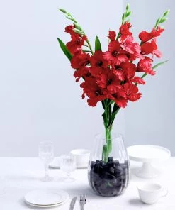 HIER_1150 3 Bushes | 36" Red Artificial Silk Long Stem Gladiolus Flower Spray - Filler Flowers