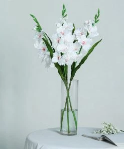 HIER_1150 3 Bushes | 36" White Artificial Silk Long Stem Gladiolus Flower Spray - Filler Flowers