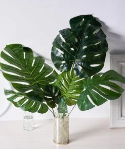 HIER_1400 6 Stems | Monstera Tropical Leaf, Artificial Leaves For Hawaiian Luau Party Decoration - Assorted Green Artificial Plants