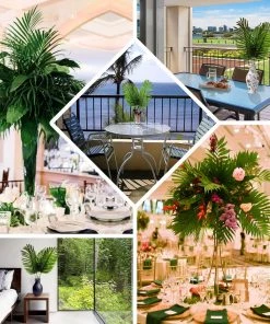 HIER_1400 Artificial Plants 5 Pack | Green Palm Leaf Stems, Artificial Leaves For Hawaiian Luau Party Decoration - Assorted Size