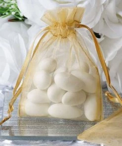 Silkflowersfactory 3"x4" Gold Organza Jewellery Wedding Birthday Party Favor Gift Drawstring Pouches Bags - 10/pk
