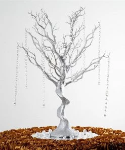 Silkflowersfactory Manzanita Trees 30" Glittered Manzanita Silver Centerpiece Tree For Wedding Party Event Table Top Decoration+8pcs Acrylic Chains