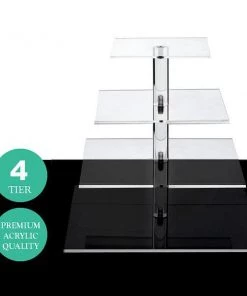 Silkflowersfactory 4 Tier Square Heavy Duty Acrylic Glass Cupcake Dessert Stand For Birthday Wedding Party