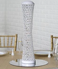 Efavormart-new Elegant Tall Hurricane Beaded Crystal Vase Wedding Centerpiece - White - 24" Tall