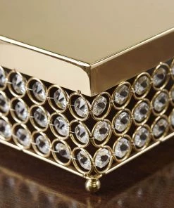 Silkflowersfactory Standing Chandeliers 14” Bejeweled Gold Square Crystal Beaded Stainless Steel Chandelier Wedding Cake Stand