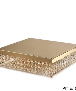 Silkflowersfactory Standing Chandeliers 14” Bejeweled Gold Square Crystal Beaded Stainless Steel Chandelier Wedding Cake Stand