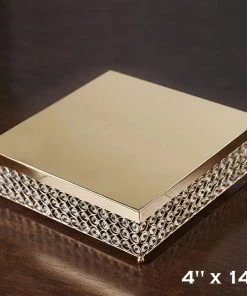 Silkflowersfactory Standing Chandeliers 14” Bejeweled Gold Square Crystal Beaded Stainless Steel Chandelier Wedding Cake Stand