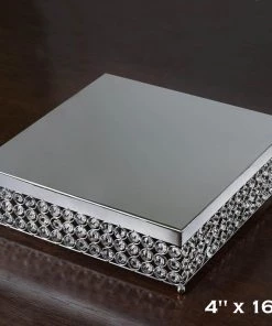 Silkflowersfactory 16" Bejeweled Square Crystal Beaded Silver Stainless Steel Chandelier Wedding Riser Cake Stand Standing Chandeliers