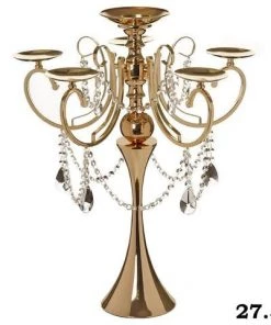 Silkflowersfactory 27.5" Tall Gold Metal Candelabra Chandelier Votive Candle Holder Wedding Centerpiece - With Acrylic Chains And Big TearDrops
