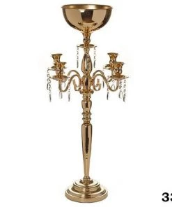Silkflowersfactory 33" Tall Gold Arm Shiny Metal Candelabra Chandelier Votive Candle Holder Wedding Centerpiece