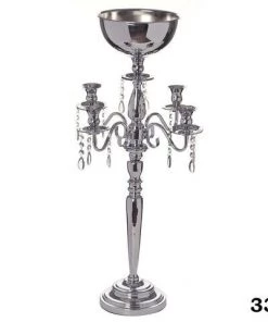 Silkflowersfactory 33" Tall Silver Arm Shiny Metal Candelabra Chandelier Votive Candle Holder Wedding Centerpiece