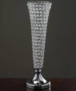 Silkflowersfactory Vases 23" Tall Silver Beaded Crystals Trumpet Vase Wedding Centerpiece