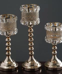 Silkflowersfactory Crystal Beaded Gold Votive Candle Holder Wedding Chandelier Centerpiece - Set Of 3pcs