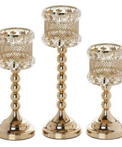 Silkflowersfactory Crystal Beaded Gold Votive Candle Holder Wedding Chandelier Centerpiece - Set Of 3pcs