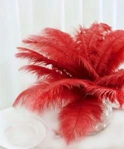 Silkflowersfactory 12 Pack | 13"-15" Natural Plume Real Ostrich Feathers Vase Centerpiece - Red