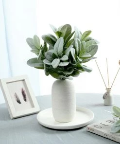 HIER_1150 Pack Of 4 | 12" Frosted Green Artificial Flocked Lambs Ear Leaf Spray