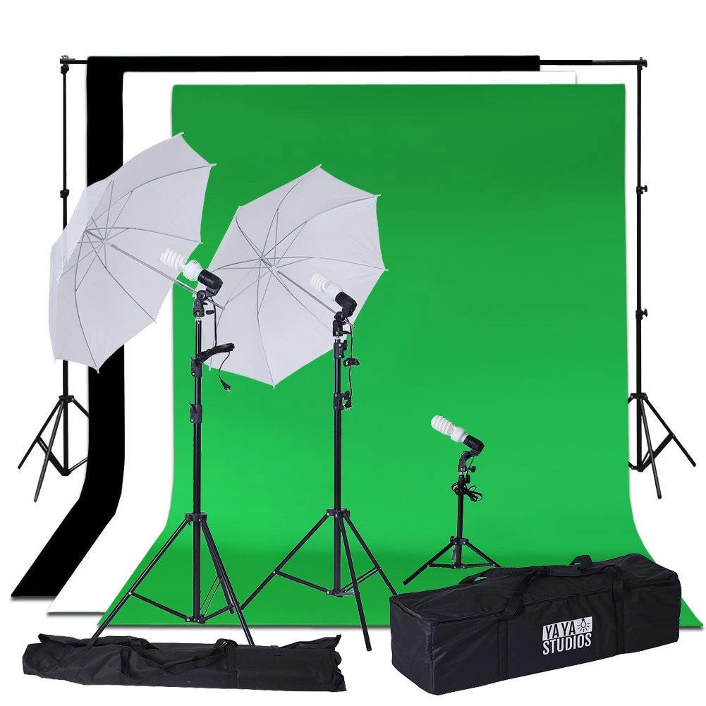 Silkflowersfactory 10Ft Background Support System, 600W 6500K White Umbrella Lighting Photo Video Studio Kit With Chromakey Background Muslins (Green Black White) - Free Carry Case 3 Silkflowersfactory 10Ft Background Support System, 600W 6500K White Umbrella Lighting Photo Video Studio Kit With Chromakey Background Muslins (Green Black White) - Free Carry Case