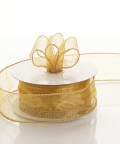 Silkflowersfactory Ribbons 1.5" X 10 Yards Organza Ribbon With Wired Edge - Gold